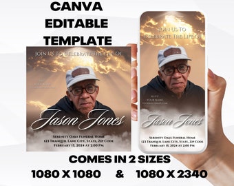 Customizable Funeral Announcement Template - Brown Heaven, Editable Memorial Service Invitation - Canva Template, Instant Download