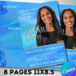 8.5&quot; x 11&quot; BIFOLD OBITUARY PROGRAM, 8 Pages, Blue Gradient Funeral Program, Celebration of Life, Canva Editable Template, Memorial Keepsake
