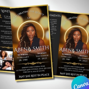 May include: A black and gold funeral announcement card with a photo of a woman. The card includes the name "Abena Smith", dates of birth and death, and the text "May she rest in peace".