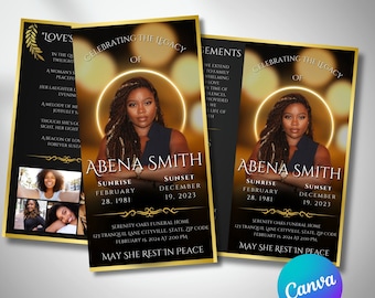 Golden Frame Funeral Program Template, Celebration of Life (Canva Editable)