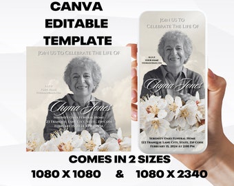 Customizable Funeral Announcement Template - White Flowers, Editable Memorial Service Invitation - Canva Template, Instant Download