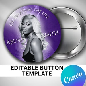 Peut inclure: Bouton violet avec une photo en noir et blanc d'une femme avec le texte "Celebrating the Life Abena Smith" dessus.