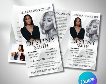 Elegant White Trifold Funeral Program Template, 17x11, Canva Editable
