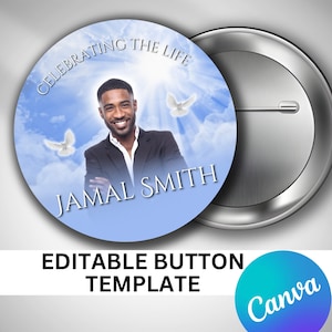 Könnte beinhalten: Ein blauer und weißer Knopf mit einem Foto eines Mannes und dem Text "Celebrating the Life Jamal Smith".