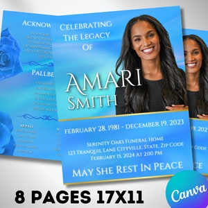 17&quot; x 11&quot; BIFOLD OBITUARY PROGRAM, 8 Pages, Blue Gradient Funeral Program, Celebration of Life, Canva Editable Template, Memorial Keepsake