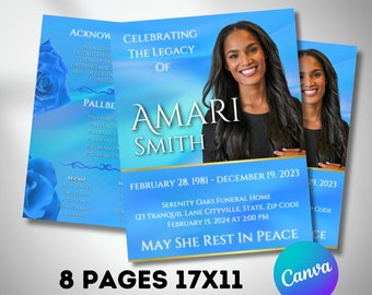 Blue Gradient Funeral Program, Memorial Keepsake (Canva Editable Template)
