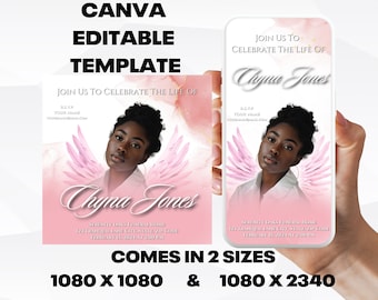 Customizable Funeral Announcement Template - Pink Wings, Editable Memorial Service Invitation - Canva Template, Instant Download