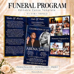 Dark Blue Marble Funeral Program Template, 17x11 Trifold, Editable Canva Memorial Brochure