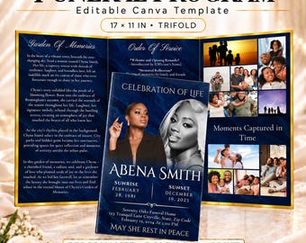 Dark Blue Marble Funeral Program Template, 17x11 Trifold, Editable Canva Memorial Brochure