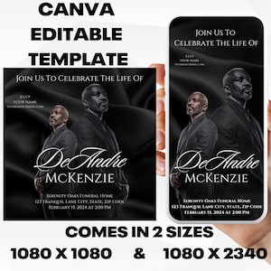 Customizable Funeral Announcement Template - Black Silk, Editable Memorial Service Invitation - Canva Template, Instant Download