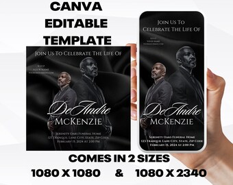 Customizable Funeral Announcement Template - Black Silk, Editable Memorial Service Invitation - Canva Template, Instant Download