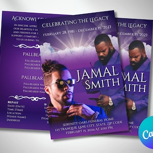 5.5"x8.5" PURPLE FUNERAL PROGRAM, 4 Pages, Purple Clouds Memorial Program, Celebration of Life, Keepsake Obituary, Editable Canva Template