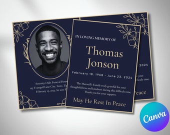 Elegant Navy Blue Funeral Program, Bi-Fold Obituary (Canva Template)