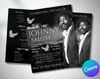 May include: Black and white funeral program with a photo of a man in a suit. The program includes the name "JOHNNY SMITH", dates of birth and death, and the text "May he rest in peace".