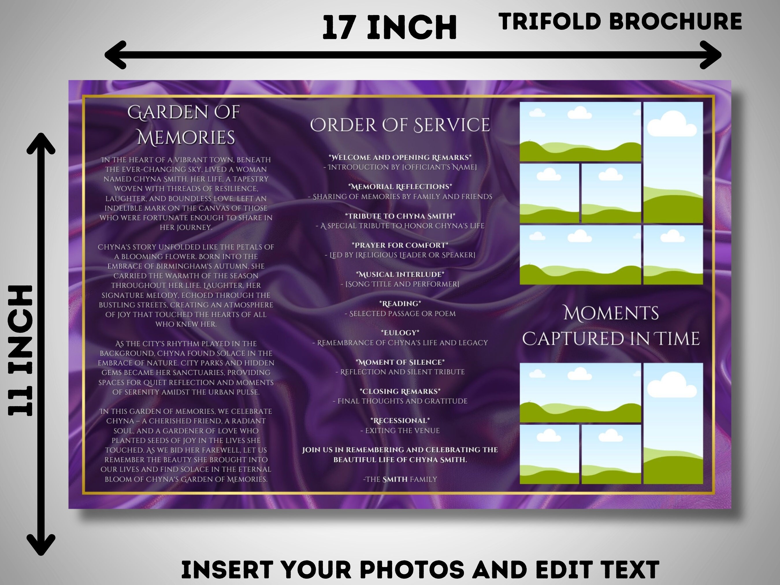Trifold funeral template 17x11 purple obituary program purple silky
