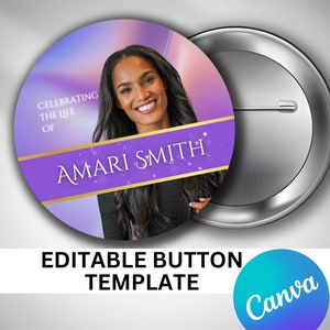Puede incluir: Botón morado y dorado con una foto de una mujer y el texto "Celebrating the life of Amari Smith".