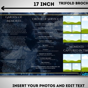 May include: A trifold brochure, 43 cm wide and 28 cm tall, with a dark blue marble-like background. The brochure includes text about a memorial service, photo placeholders, and the words "Garden of Memories" and "Moments Captured in Time."