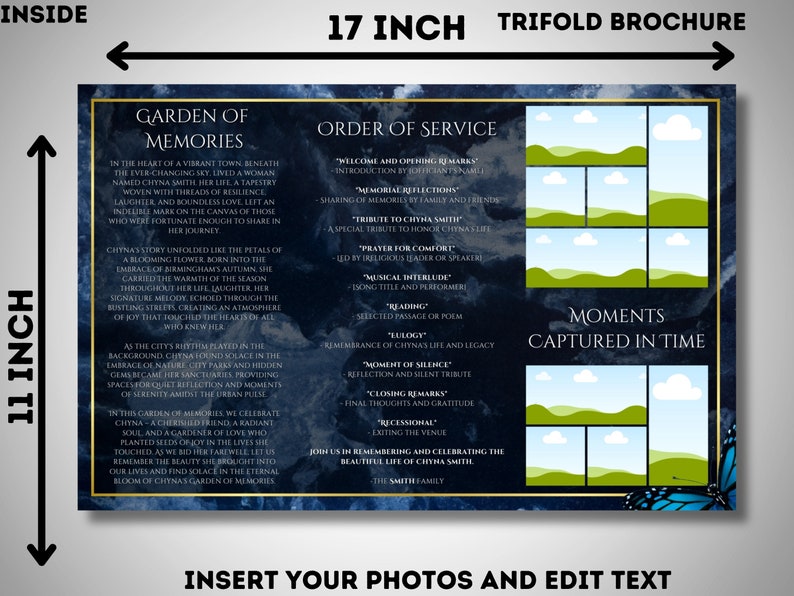 May include: A trifold brochure, 43 cm wide and 28 cm tall, with a dark blue marble-like background. The brochure includes text about a memorial service, photo placeholders, and the words "Garden of Memories" and "Moments Captured in Time."