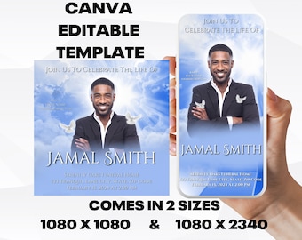 Customizable Funeral Announcement Template - Blue Heaven, Editable Memorial Service Invitation - Canva Template, Instant Download