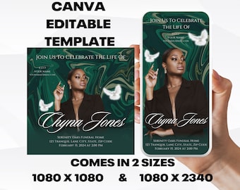 Customizable Funeral Announcement Template - Green Emerald, Editable Memorial Service Invitation - Canva Template, Instant Download