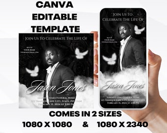 Customizable Funeral Announcement Template - Black Stars, Editable Memorial Service Invitation - Canva Template, Instant Download