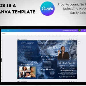 May include: A laptop screen shows a Canva template for a memorial service program. The design features a blue marble background with text and photos. The template includes sections for acknowledgements, pallbearers, and the deceased's information.
