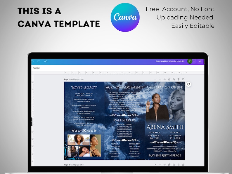 May include: A laptop screen shows a Canva template for a memorial service program. The design features a blue marble background with text and photos. The template includes sections for acknowledgements, pallbearers, and the deceased's information.