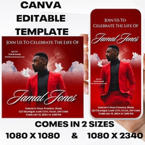 Modelo de anúncio de funeral personalizável - nuvens vermelhas, convite editável para serviço memorial - modelo Canva, download instantâneo