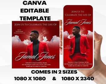 Customizable Funeral Announcement Template - Red Clouds, Editable Memorial Service Invitation - Canva Template, Instant Download