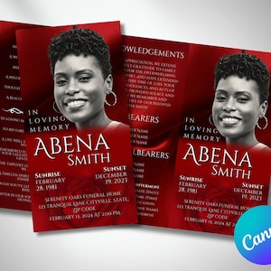 Könnte beinhalten: Eine rote und schwarze Traueranzeige mit einem Foto von Abena Smith. Die Karte enthält die Daten von Geburt und Tod sowie das Bestattungsunternehmen und Datum und Uhrzeit der Trauerfeier.