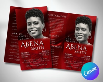 Rubin Red Funeral Programm Vorlage, dreifaches Denkmal (Canva bearbeitbar)