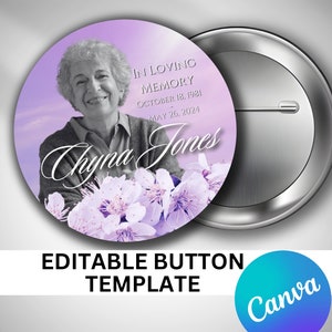 May include: A purple and white button template with a photo of a woman and the text "IN LOVING MEMORY OCTOBER 18, 1981 - MAY 26, 2024 Chyna Jones".
