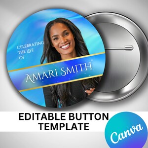 Pode incluir: Um botão azul e dourado com uma foto de uma mulher e o texto "Celebrating the life of Amari Smith".