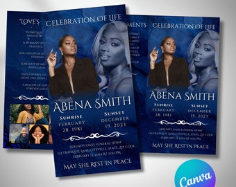 Trifold Navy Blue Funeral Program, 6 Page Memorial Service Template, Editable Celebration Of Life