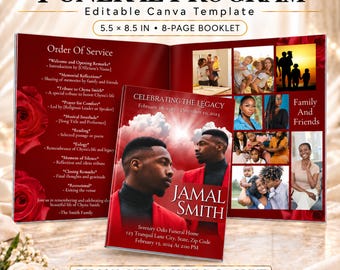 Red Clouds Funeral Program Template, 8-Page Canva Booklet, 5.5x8.5 Folded, US Letter