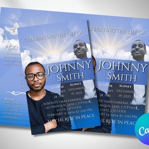BOOKLET da 5,5" x 8,5" Programma commemorativo, 4 pagine, Programma funebre Blue Clouds, Celebrazione della vita, Modello modificabile Canva, Ricordo, Download