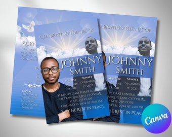 Blue Clouds Funeral Program Template, Celebration of Life (Canva Editable, Digital Download)
