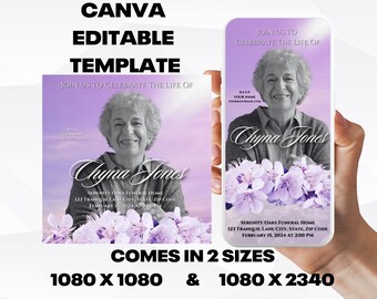 Customizable Funeral Announcement Template - Purple Flowers, Editable Memorial Service Invitation - Canva Template, Instant Download