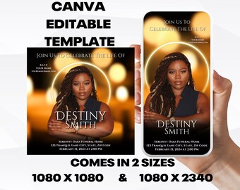 Customizable Funeral Announcement Template - Gold Frame, Editable Memorial Service Invitation - Canva Template, Instant Download