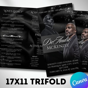 May include: A black and white trifold funeral program with a photo of a man in a suit. The program includes the name DeAndre McKenzie, the dates February 28, 1981 - December 19, 2023, and the text "Love's Legacy". The program also includes information about the funeral service, which will be held at Serenity Oaks Funeral Home on February 15, 2024 at 2:00 PM.