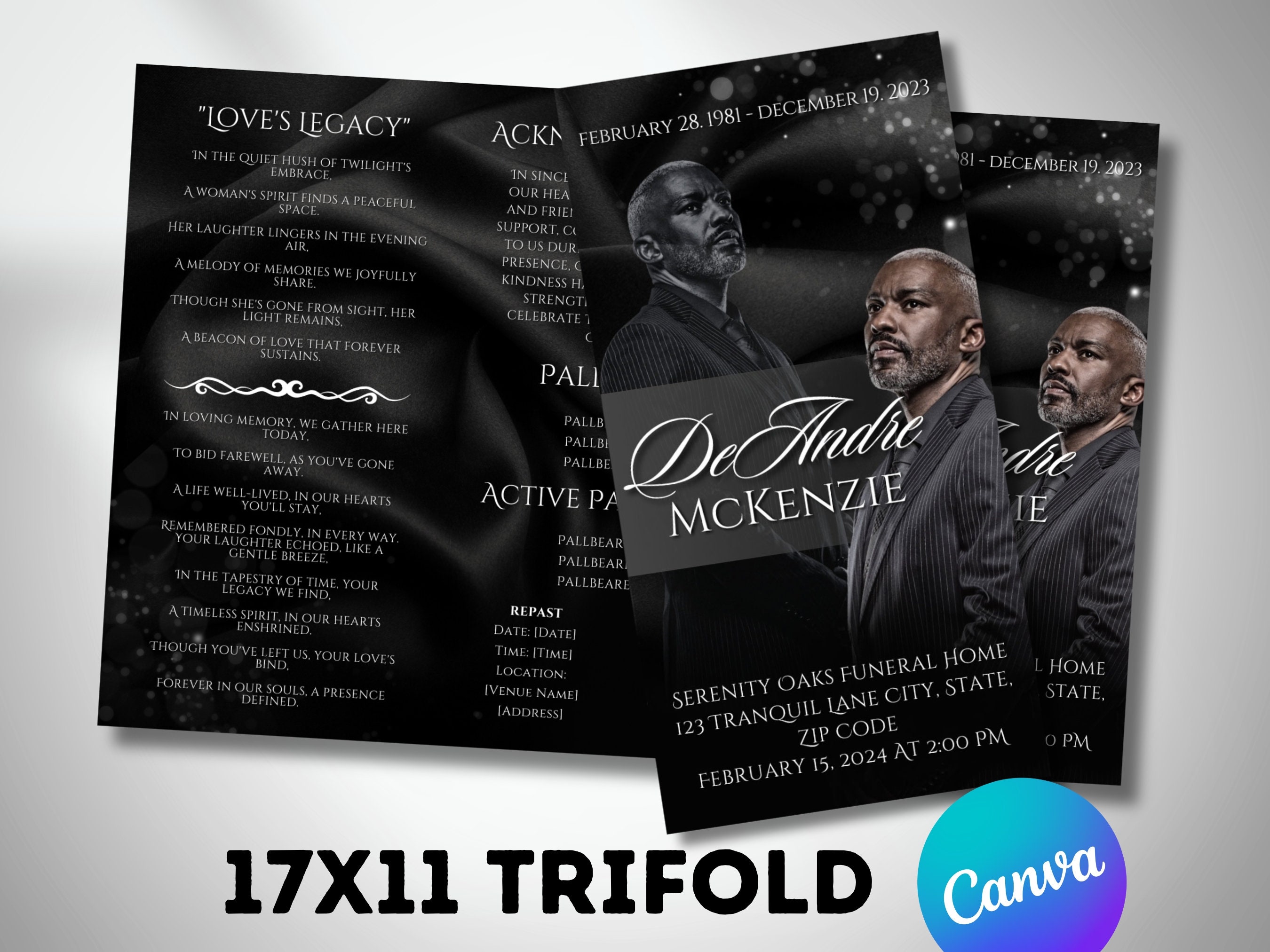 17x11 TRIFOLD FUNERAL PROGRAM, Black & Gold Elegant Obituary