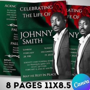 8.5x11&quot; BOOKLET FUNERAL PROGRAM, 8 Pages, Green Silk Memorial, Bifold Obituary, Celebration Of Life, Canva Template, Red Rose Funeral