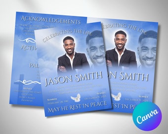 Blue Clouds Funeral Program Template, Heaven Gates, Celebration of Life (Canva Editable)