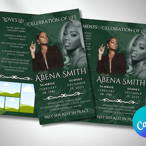 May include: A green and white funeral announcement for Abena Smith. The announcement includes a photo of Abena, her birth and death dates, and the location and time of the funeral service. The text reads "Love's Celebration of Life" and "May She Rest in Peace".