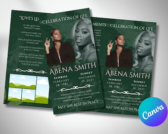 17"x11" FUNERAL PAMPHLET, 2 PAGES, Trifold, Obituary Program, Green Marble, Canva Editable Template, Funeral Order Of Service, Bulletin