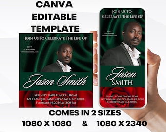 Customizable Funeral Announcement Template - Green Silk, Editable Memorial Service Invitation - Canva Template, Instant Download