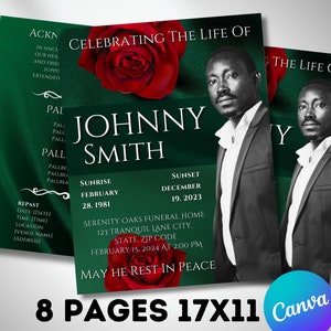 17x11&quot; BOOKLET FUNERAL PROGRAM, 8 Pages, Green Silk Memorial, Bifold Obituary, Celebration Of Life, Canva Template, Red Rose Funeral