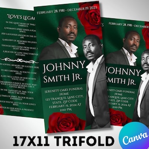 17&quot;x11&quot; FUNERAL PAMPHLET, Dark Green, Trifold, Obituary Program, Green Silk, Canva Editable Template, Funeral Order Of Service, Bulletin