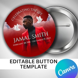Może przedstawiać: Czerwono-biały przycisk pamiątkowy ze zdjęciem mężczyzny w czerwonej kurtce. Na przycisku widnieje napis "Celebrating the Life Jamal Smith February 28, 1981 - December 19, 2023".