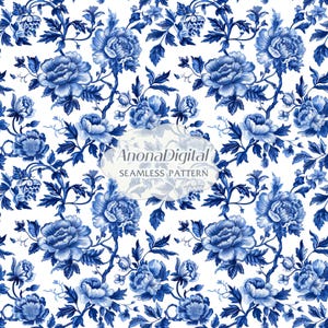 Blue Chinoiserie Toile de Jouy Vintage Floral Seamless Pattern, Blue And White Chinoiserie Background, instant download digital paper